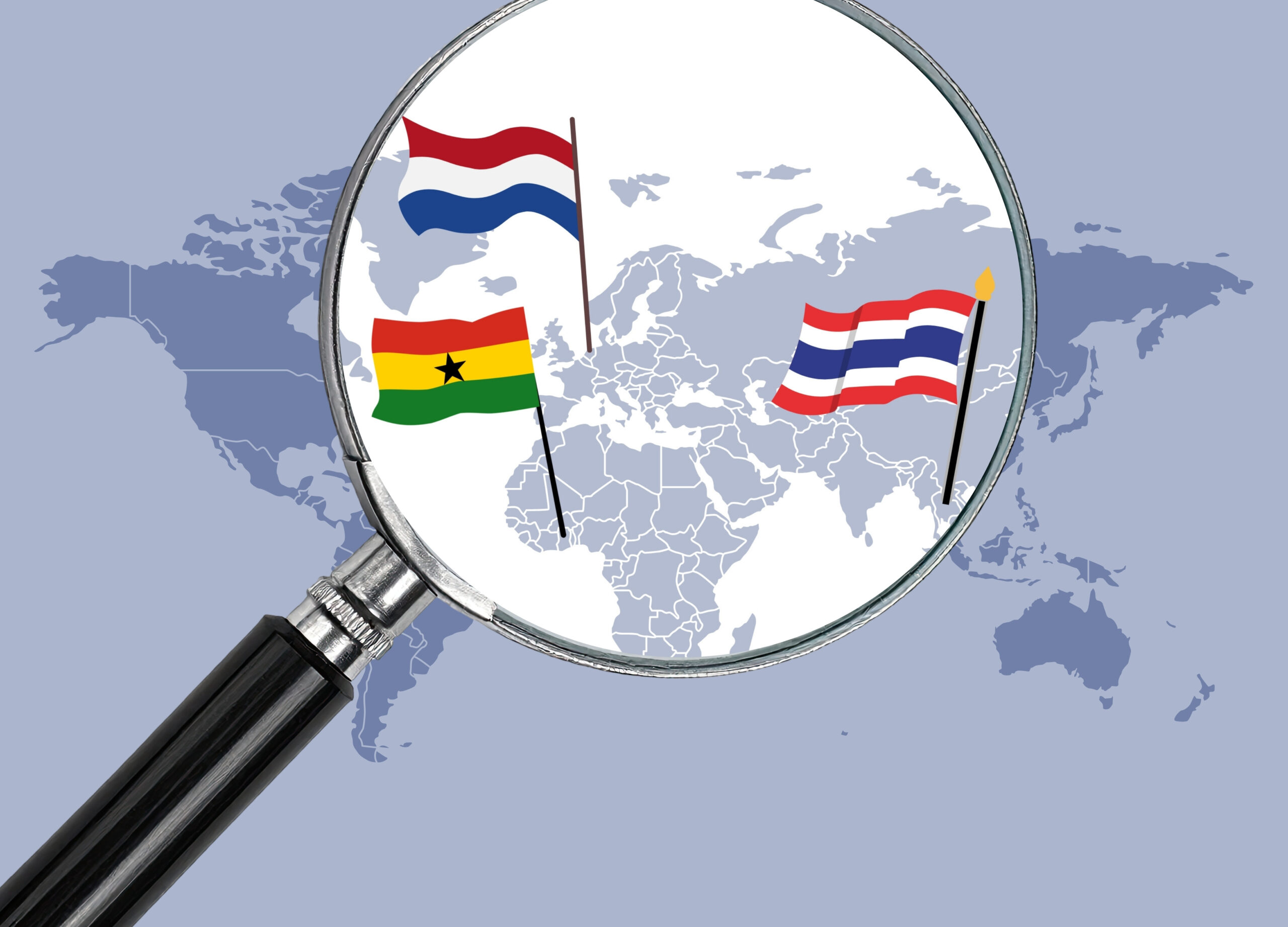 World map with Ghana, Netherlands, Thailand flags under magnifying glass